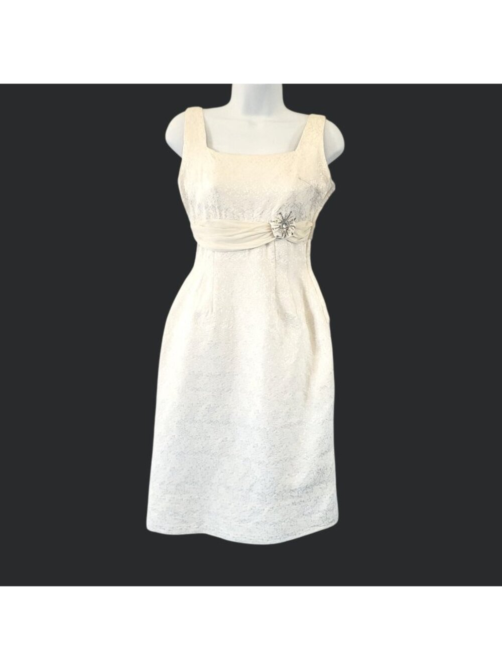 Vintage Natlynn Ivory Silk Brocade Empire Waist Formal Dress Rhinestone 50s XS